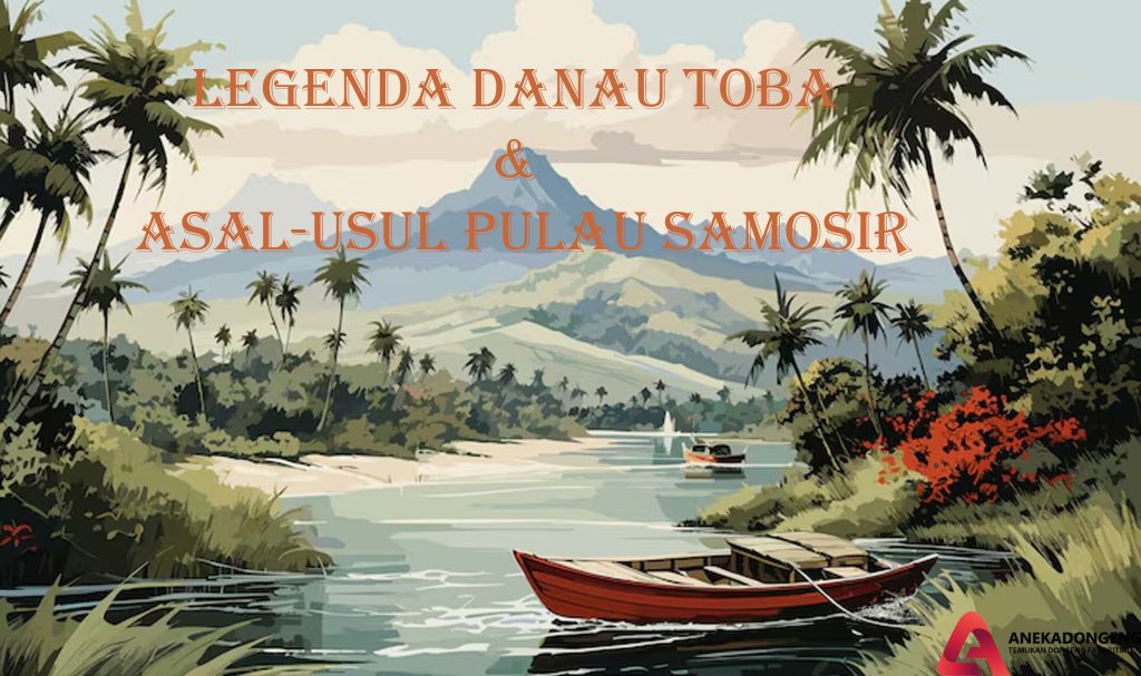 lustrasi pemandangan legenda Danau Toba dan Pulau Samosir Sumatera Utara