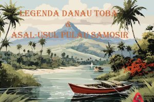 lustrasi pemandangan legenda Danau Toba dan Pulau Samosir Sumatera Utara