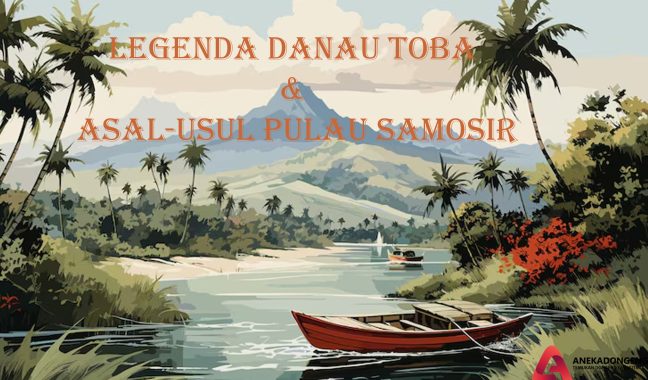 lustrasi pemandangan legenda Danau Toba dan Pulau Samosir Sumatera Utara